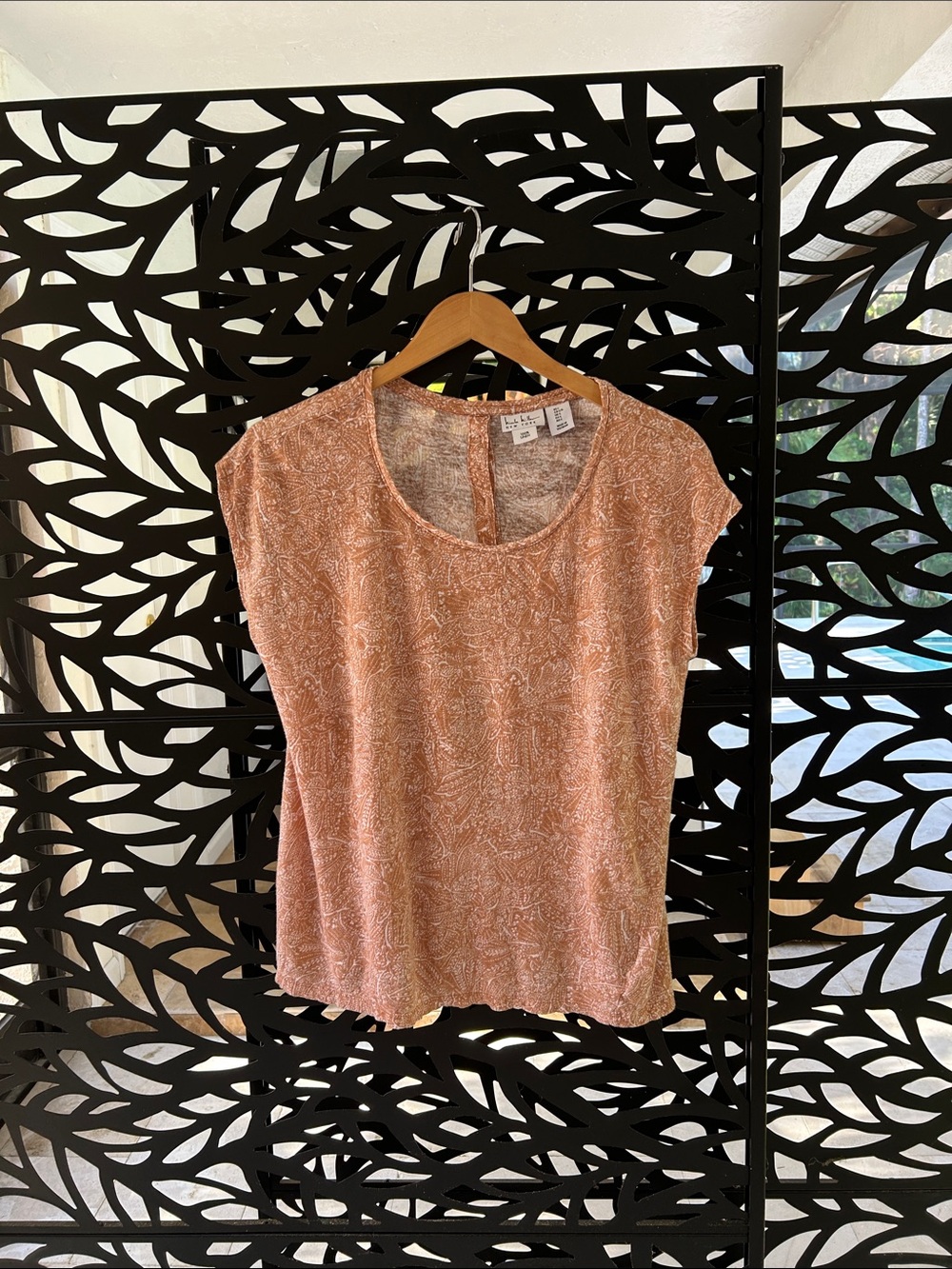 Nicole Miller Peach Rust Short Sleeve Scoop Neck Top 100% Linen